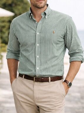 Ralph Lauren Green Stripe Button Down Shirt Sz 18 (36-37) Lightweight Cotton